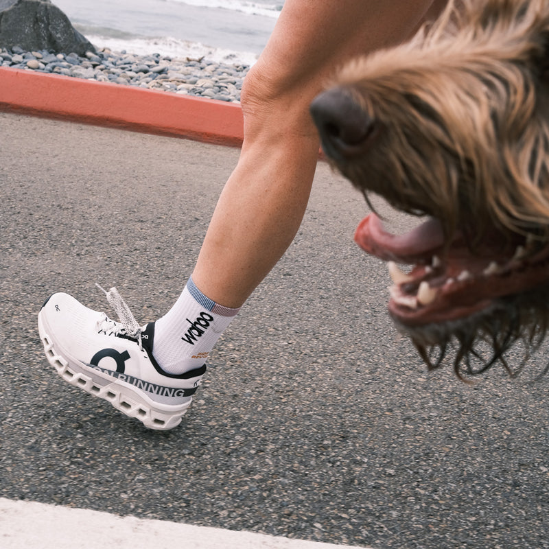 A runner wearing white On Cloudmonster shoes jogging on a paved path.